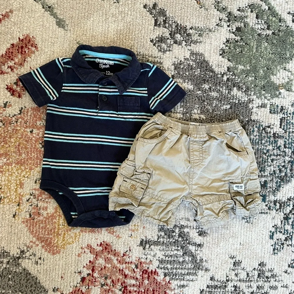 Y2K OshKosh Stripe Polo + Place Cargo Shorts Set 12 Months Baby Boy